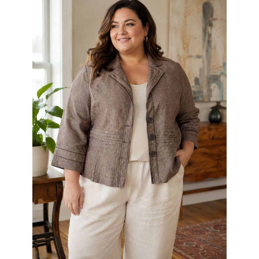 Coldwater Creek Linen Blend Cropped Jacket Size 16 3/4 Sleeve